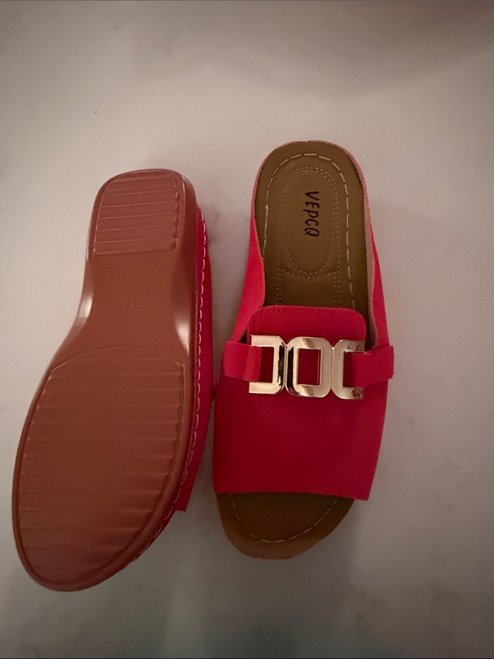 Red Slide Mules with Gold Chain Accent - Picture 2 of 3